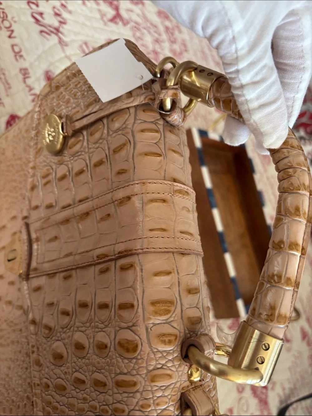 Brahmin Olivia Rose Tan Croc-Embossed Leather Satchel with Gold Hardware